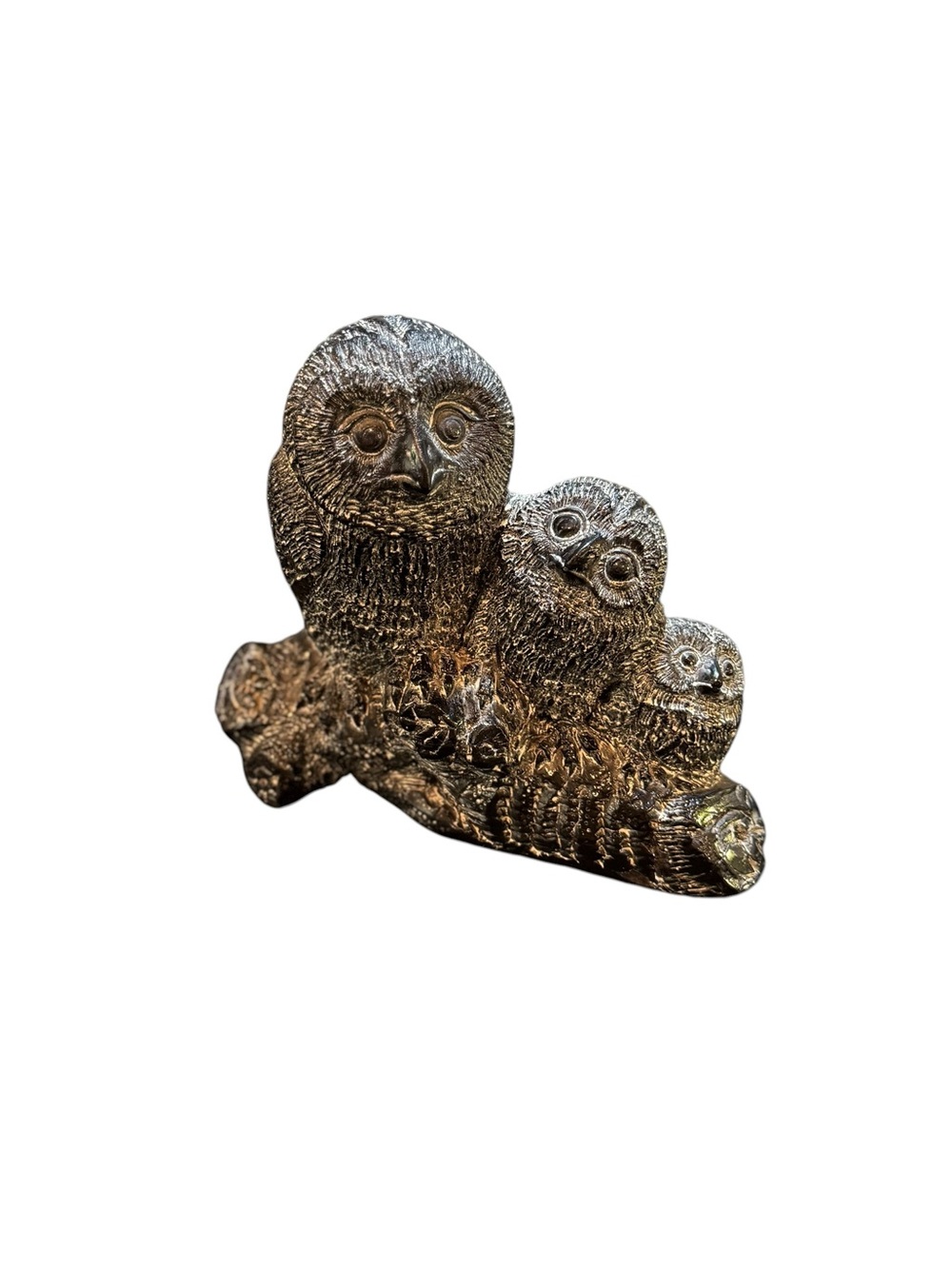VTG 70s Soapstone Owls 3 On Branch Figurine Aardvark Canada 7.5” X 6.25”